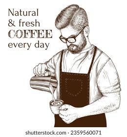 Vector illustration of a male barista in engraving style
