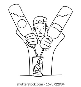 Vector illustration of a male bartender pouring a cocktail, a man serving at the bar. Line art vector illustration