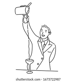 Vector illustration of a male bartender pouring a cocktail, a man serving at the bar. Line art vector illustration