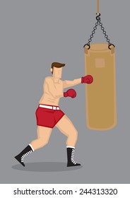 Vector illustration of a male beefcake boxer working out and training with a punchbag isolated on grey background.