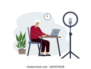 Vector illustration of a male blogger at the table with a laptop. Online filming of a training course or blog