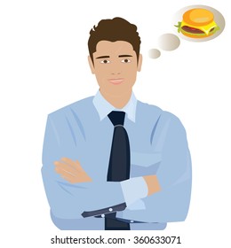Vector illustration male in blue shirt thinking about food