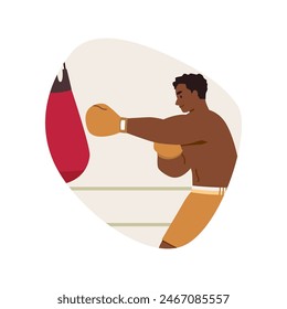 Vector illustration of a male boxer in the ring, training in gloves with a punching bag. It is great for designing sports themes and visual effects of training.