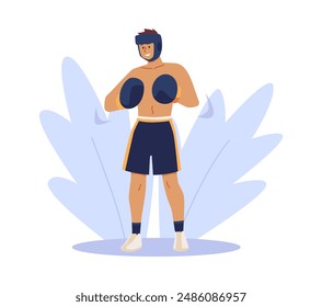 Vector illustration of a male boxer in sportswear: shorts, a boxing helmet and gloves. An image embodying determination and sportsmanship on a white background