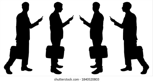 Vector illustration of male business person character. Set of business man in suit holds mobile phone and briefcase for presentation. Male silhouette in various poses. Man is walking.Office worker.