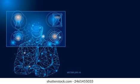 Vector illustration. A male businessman is looking at a floating screen, looking for ideas, chasing targets, solving problems, and racing against time. Abstract low poly business background