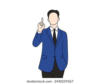 Ilustración vectorial de un hombre de negocios haciendo un gesto de señalar, camisa azul, pantalones negros sobre un fondo blanco