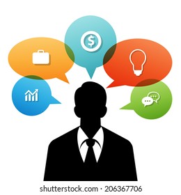 Vector illustration of male businessman silhouette with several icons inside talk bubbles.