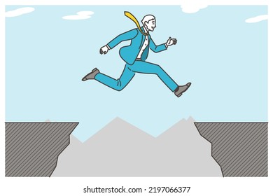 Vector illustration of a male businessman in a suit jumping over a cliff.