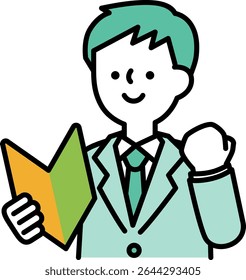 Vector illustration of a male businessperson in a suit holding a beginner's mark and cheering with a smile