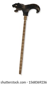 Vector, illustration with a male cane made of wood, the handle of which is decorated with the head of a growling panther.
