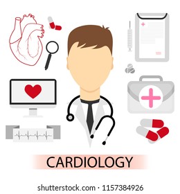 Vector illustration  of male cardiology doctor in flat style. Medical kit first aid emergency case, stethoscope, medical card , pills and tablets, cardiogram. 