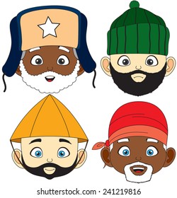 Vector illustration Male cartoon face with different hats