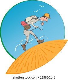 Vector Illustration of a male cartoon hiker with backpack and cap walking up a steep slope