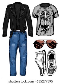 Vector illustration of a male casual clothing look: double racer leather jacket, blue denim jeans, skeleton printed t-shirt, accessories: brown aviator sunglasses and white sneakers.
