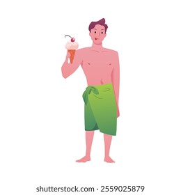 Vector illustration of male character in bathing towel holding ice cream. Summer beach vacation, travel, spa or tourism. Flat illustration. Isolated background.