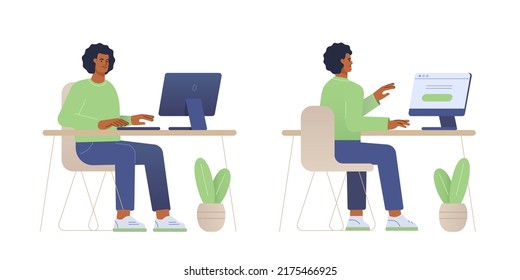 Vector illustration of a male character. Black man works at the computer in the office. Front and back view. Flat design, isolated on white background. 