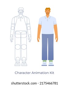 Vector illustration of a male character. Body parts for animation. A blond man in casual outfit standing, front view. Flat design, isolated on white background. 