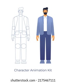 Vector illustration of a male character. Body parts for animation. A business man in suit standing, front view. Flat design, isolated on white background. 