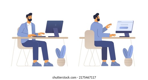 Vector illustration of a male character. Business man works at the computer in the office. Front and back view. Flat design, isolated on white background. 