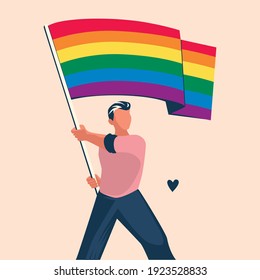 vector illustration of male character holding a rainbow flag. LGBT human rights