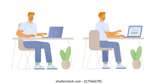 Vector illustration of a male character. A man works at the laptop in the office. Front and back view. Flat design, isolated on white background. 