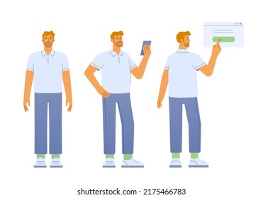 Vector illustration of a male character. Poses front, side, back. A man in a casual outfit is standing. Flat design, isolated on white background. 