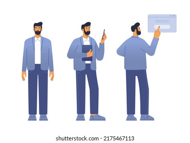 Ilustración vectorial de un personaje masculino. Lágrimas delante, detrás. Un hombre con traje de negocios está de pie. Diseño plano, aislado de fondo blanco. 