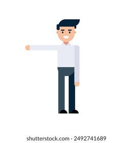Vector illustration of a male character. Poses front. A man in white shirt is standing. Flat design, isolated on white background.