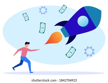 Vector illustration of male character running after take off rocket. prepare for a start-up business project. career awakening to success, flat color icon, business growth vector.