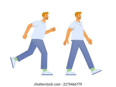 Ilustración vectorial de un personaje masculino. Carreras laterales y poses para la animación. Un hombre camina y corre. Diseño plano, aislado de fondo blanco. 