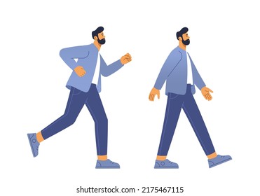 Vector illustration of a male character. Side running and walking poses for animation. Business man walks and runs. Flat design, isolated on white background. 