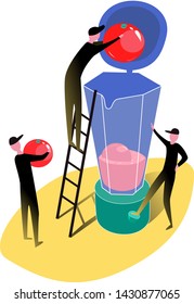 Vector illustration, male characters put in a blender tomatoes. Concept for the design of drinks.