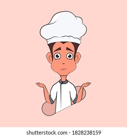 vector illustration of male chef confused to make new menu. hands raised and a questioning face.