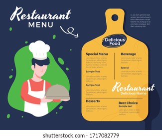 Vector illustration Male chef holding a tray. Creative menu design, Menu template and layout menu. Restaurant menu with men wearing apron and chef hat. Vector illustration in flat style