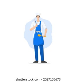 vector illustration of a male chef holding a kitchen utensil to cook a dish