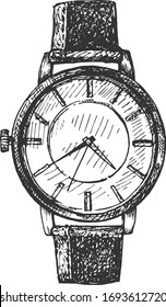 Vector illustration of a male classic hand watch. Vintage hand drawn engraving style.