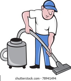 vector illustration of a Male Cleaner vacuuming  with vacuum cleaning isolated on white background done in cartoon style.