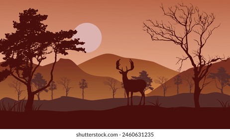 Vector illustration of a male deer standing on the hill near a tree in front of the mountain on sunset, sunrise or full moon and brown sky background. Vector