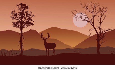 Vector illustration of a male deer standing on the hill near a tree in front of the mountain on sunset, sunrise or full moon and brown sky background. Vector