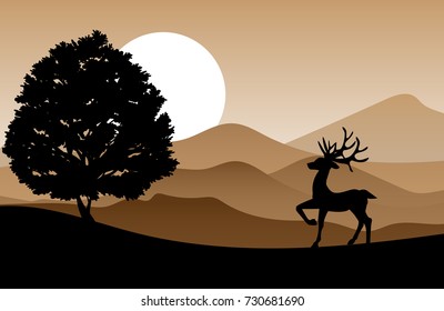 Vector illustration of a male deer standing on the hill near a tree in front of the mountain on sunset, sunrise or full moon and brown sky background. Vector illustration background.