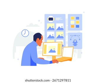 Ilustração de vetor Designer masculino Trabalhando com assistente de IA no computador e laptop