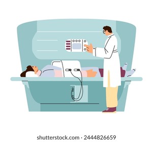 Vector illustration of a male doctor conducting an MRI scan of the abdominal cavity of a female patient with magnetic resonance equipment on a white background.