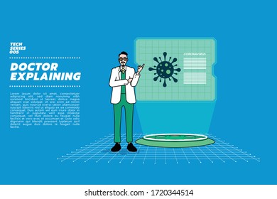 Vector illustration of male doctor explains the coronavirus situation on high-tech hologram medical interface display.