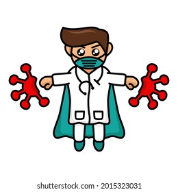 Vector illustration of male doctor like a superhero hitting corona virus 19