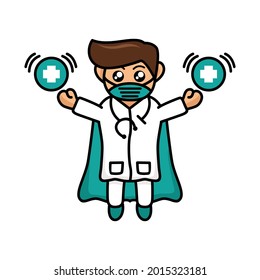 Vector illustration of male doctor like a superhero using doctor powers