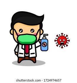 Vector Illustration of male doctor wearing medical mask with hand sanitizer and shocked virus