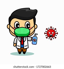 Vector illustration of male doctor wearing medical mask holding hand sanitizer anti virus and shocked virus