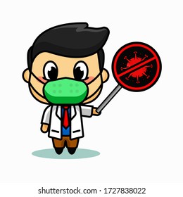 Vector Illustration of male doctor wearing medical mask holding stop corona virus sign