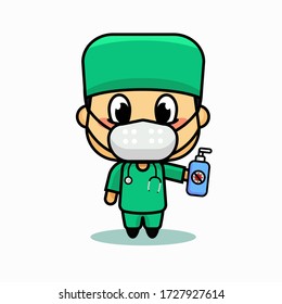 Vector Illustration of male doctor wearing surgical mask holding hand sanitizer